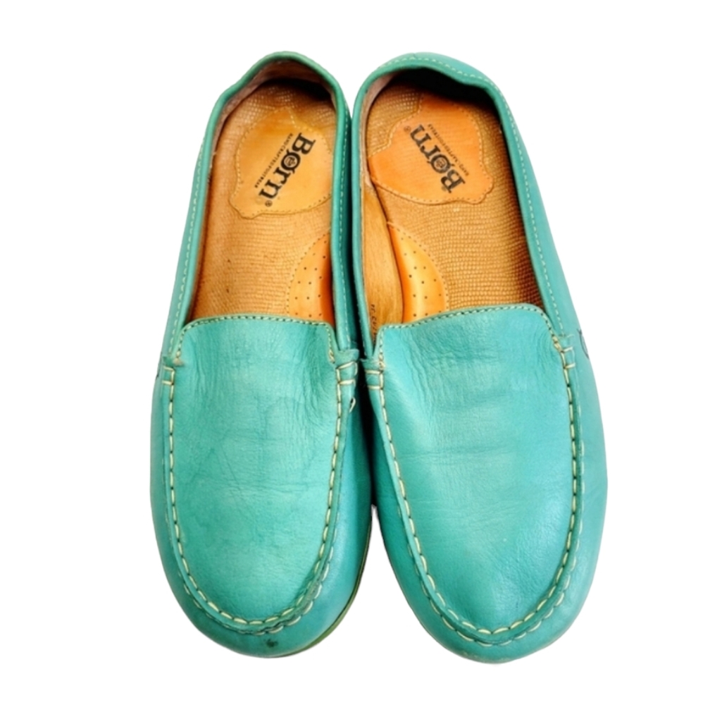 Born Handcrafted BlueGreen Slip On Leather Shoes Left Shoe Size 8 Right Shoe 7.5